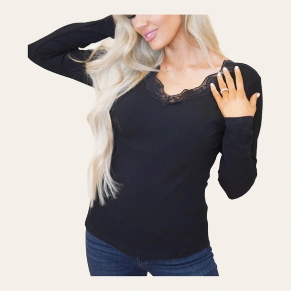 1273. LONG SLEEVE TOP RIBBED WITH LACE ON NECKLINE SIZE X-LARGE BLACK - Picture 2 of 12
